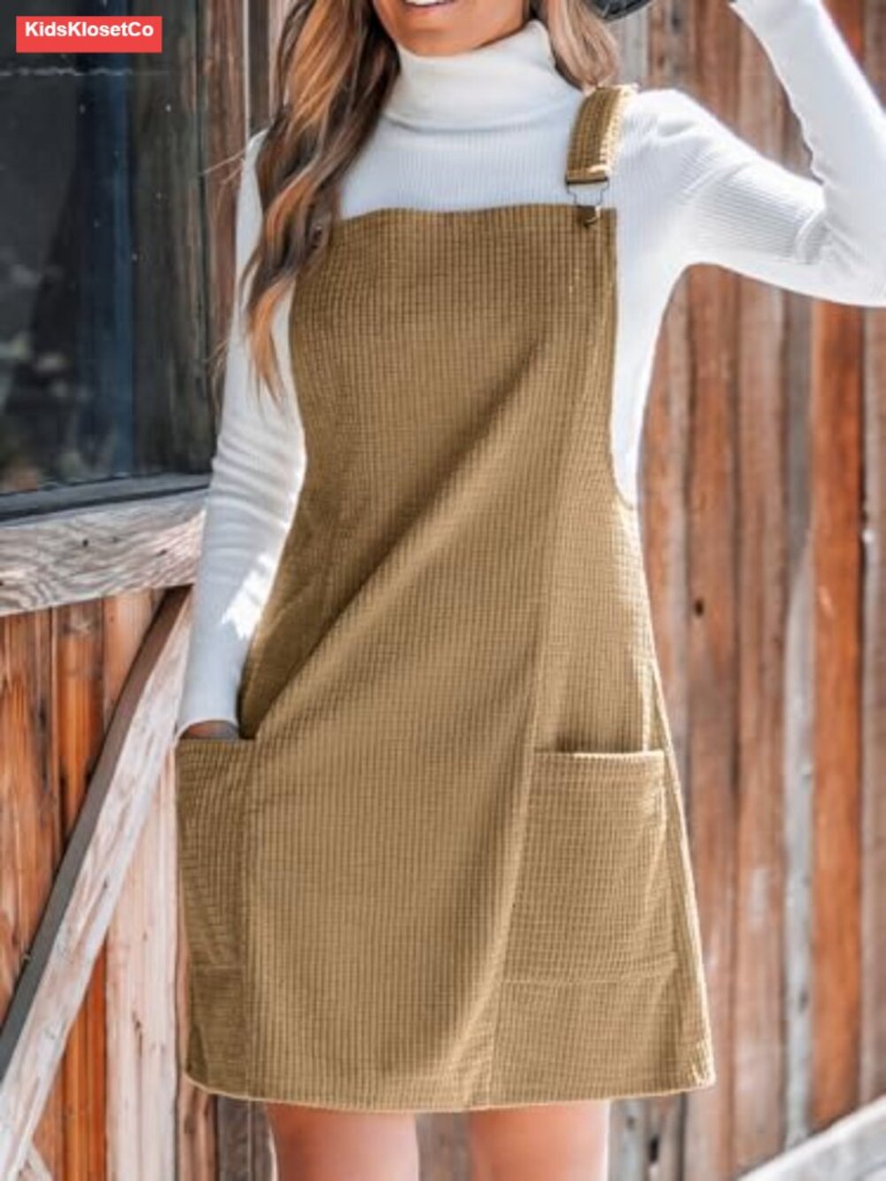 Women Corduroy Overall Dress Square Neck A Line Mini Pinafore with Pockets - Picture 3 of 6